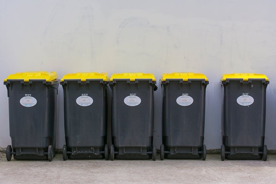 Five large plastic refuse bins with black bodies and yellow lids are lined up on a concrete surface against a plain, light-colored wall. The bins are positioned close together, with the front-facing sides clearly visible showing white labels attached to each bin. The labels display identification numbers and some reading material, though specific details are not legible. The bins are equipped with small wheels at the back for mobility, and the yellow lids are securely closed, indicating they are ready for waste collection. The environment appears to be an exterior or allocated outdoor area, possibly a communal or designated waste disposal zone. The lighting is diffuse and neutral, with no strong shadows, suggesting an overcast day or indirect indoor lighting. This scene relates to private waste management and rubbish disposal services, such as those offered by Rubbish Clearance Haringey, supporting alternative collection and on-site clearance options for bulk waste or regular rubbish removal needs.